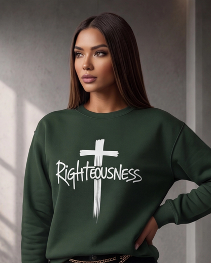 Woman wearing a green sweatshirt with 'Righteousness' and a cross design.