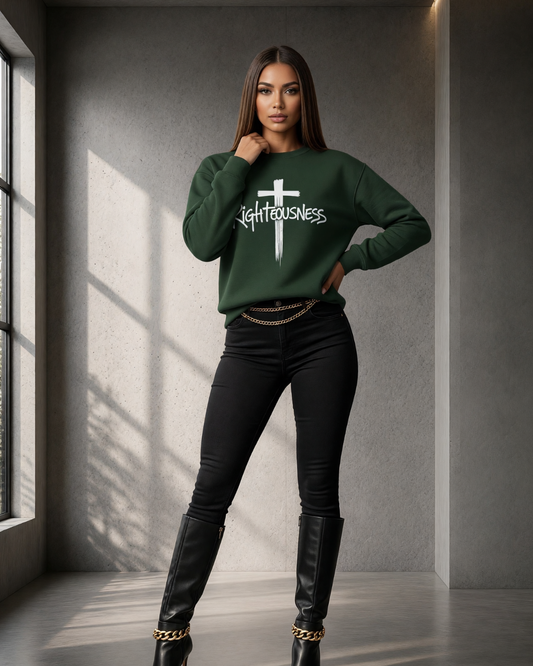 Woman wearing a green sweatshirt with a cross design in a modern interior setting
