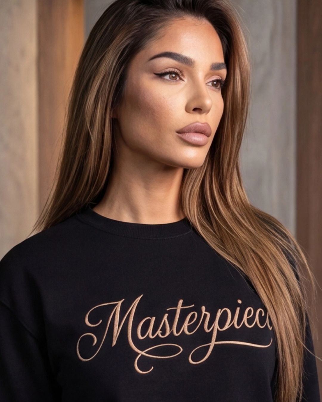 Woman wearing a black sweatshirt with 'Masterpiece' text