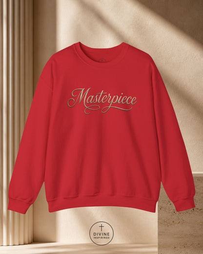 Red sweatshirt with 'Masterpiece' text on a beige background
