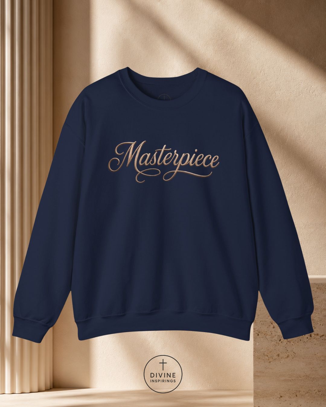 Navy blue sweatshirt with 'Masterpiece' text on a beige background
