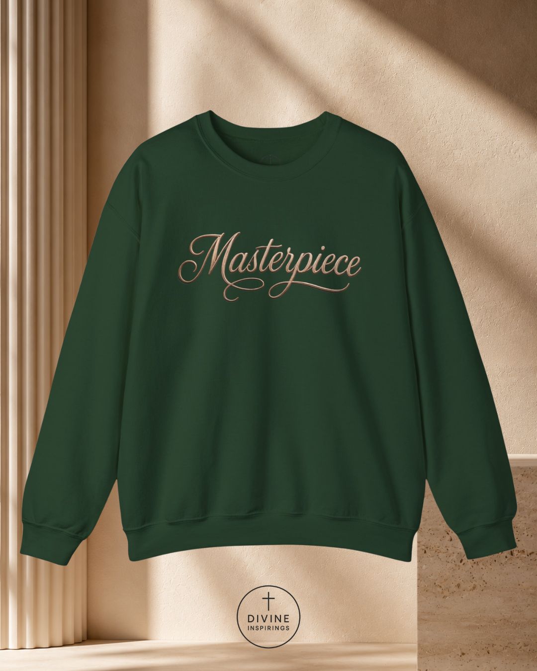 Green sweatshirt with 'Masterpiece' text on a beige background