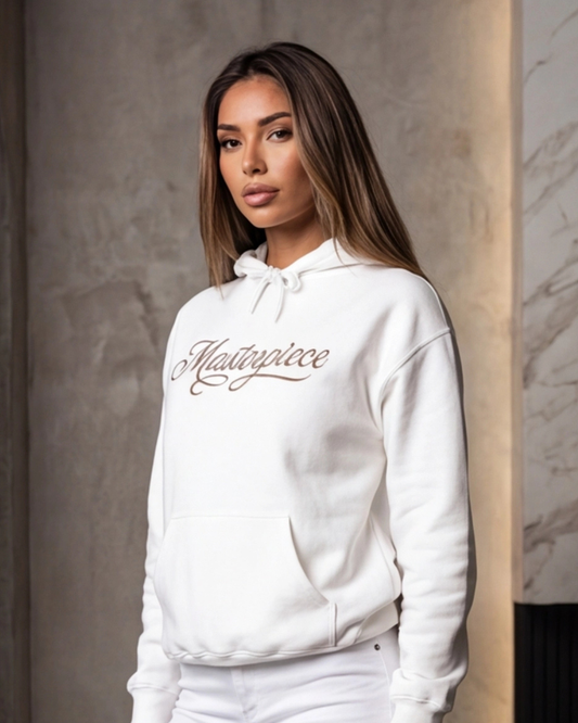 Person wearing a white hoodie with 'Matryoshka' branding against a neutral background