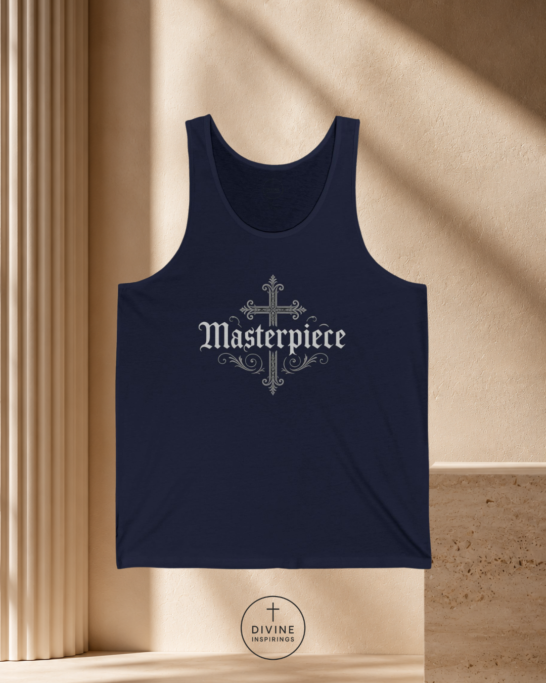 Black tank top with 'Masterpiece' text on a beige background