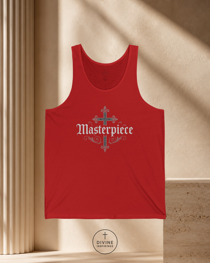 Red tank top with 'Masterpiece' text on a beige background