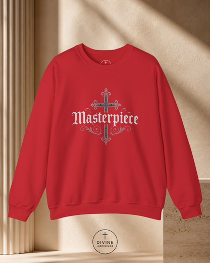 Red sweatshirt with 'Masterpiece' design on a beige background