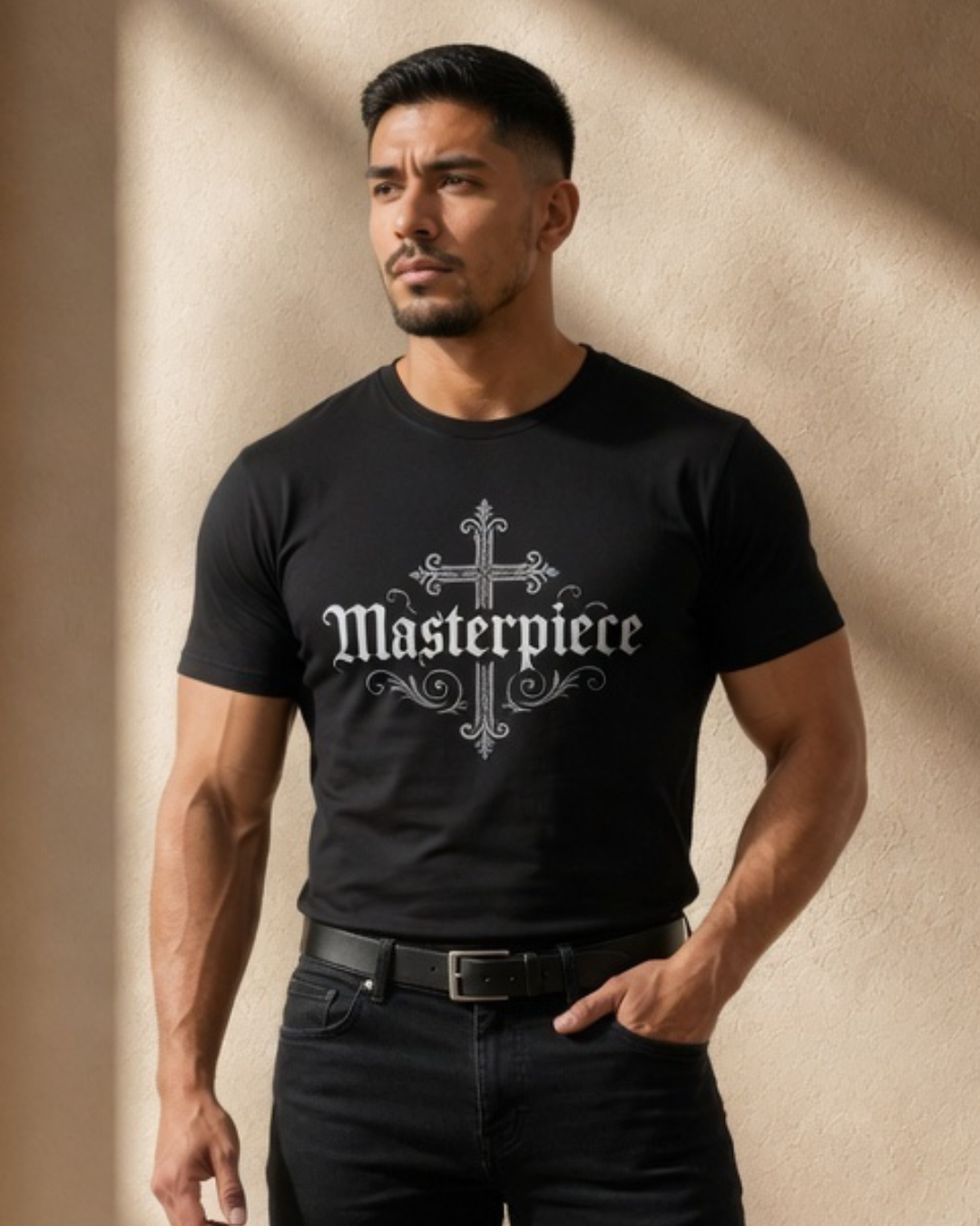 Man wearing a black t-shirt with 'Masterpiece' design against a beige wall