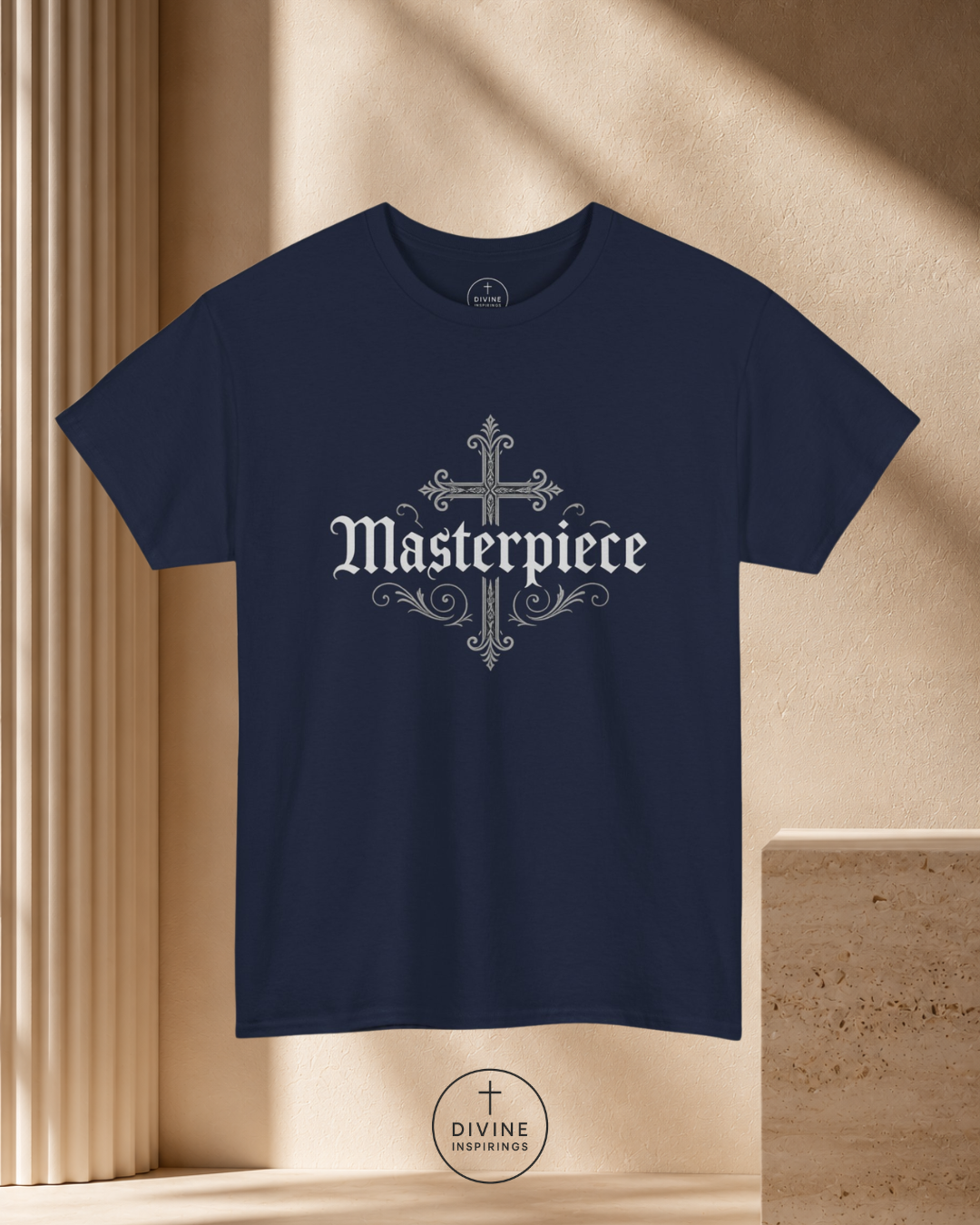 Navy Blue t-shirt with 'Masterpiece' design on a beige background