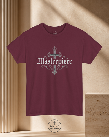 Maroon t-shirt with 'Masterpiece' design on a beige background