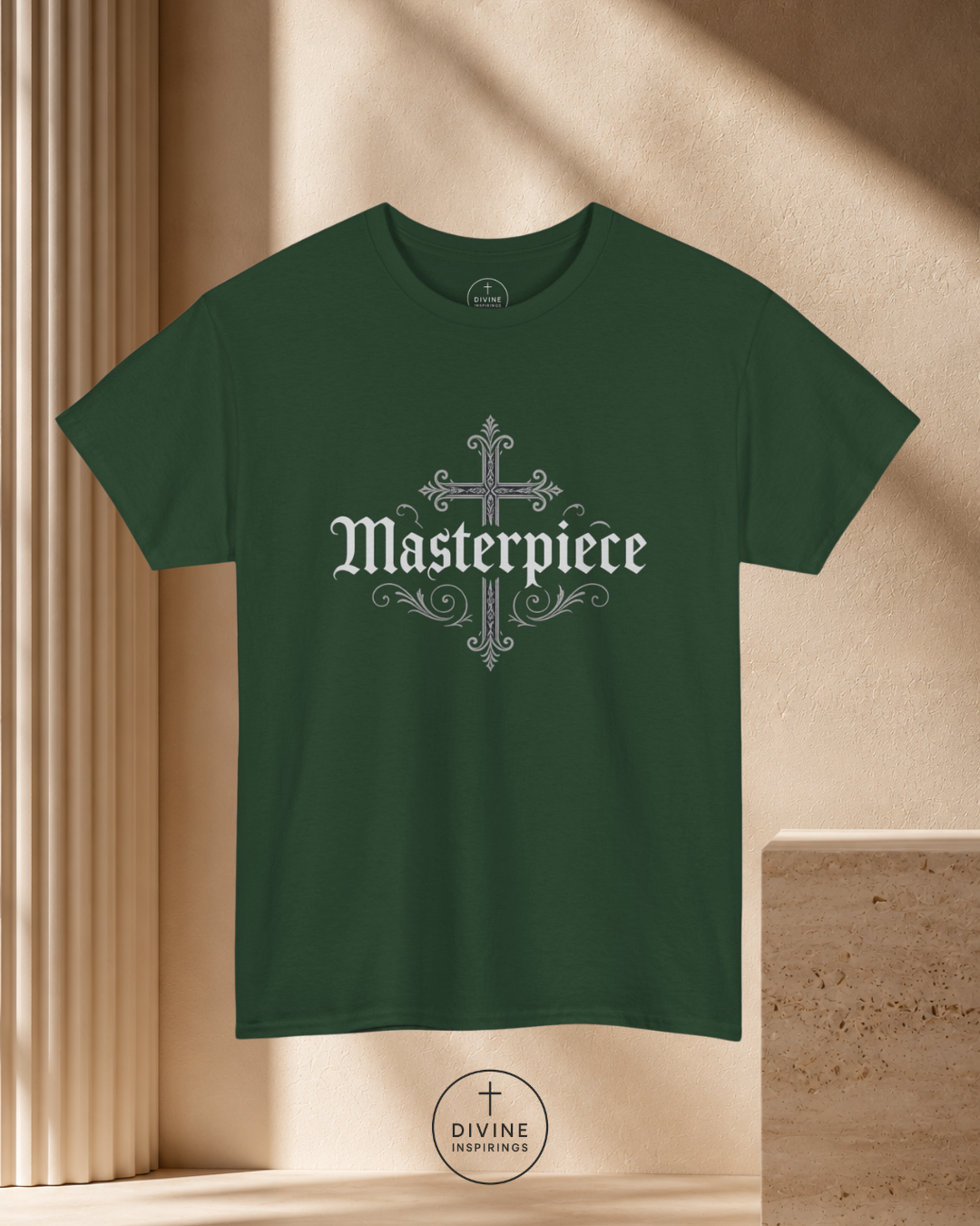 Green t-shirt with 'Masterpiece' design on a beige background