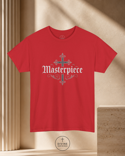 Red t-shirt with 'Masterpiece' design on a beige background