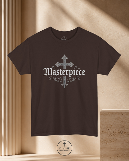 Black t-shirt with 'Masterpiece' design on a beige background