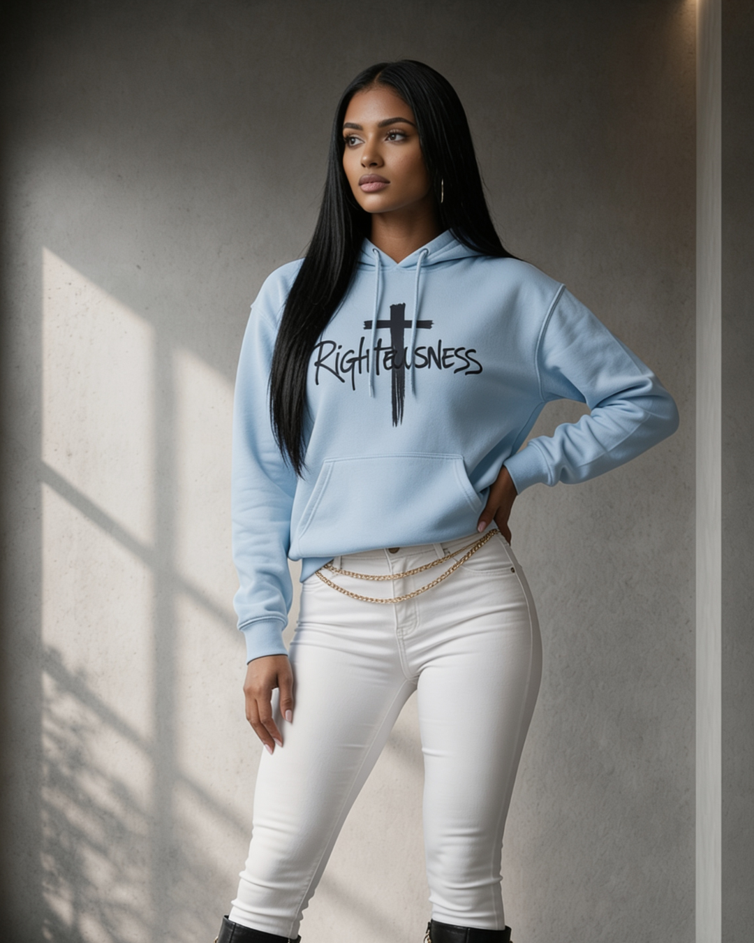 Woman wearing a light blue hoodie with 'Righteousness' text, standing against a neutral wall.