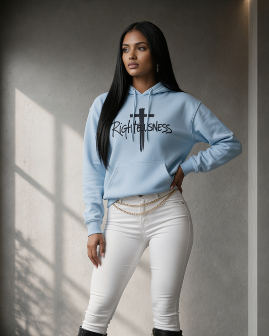 Woman wearing a light blue hoodie with 'Righteousness' text, standing against a neutral wall.