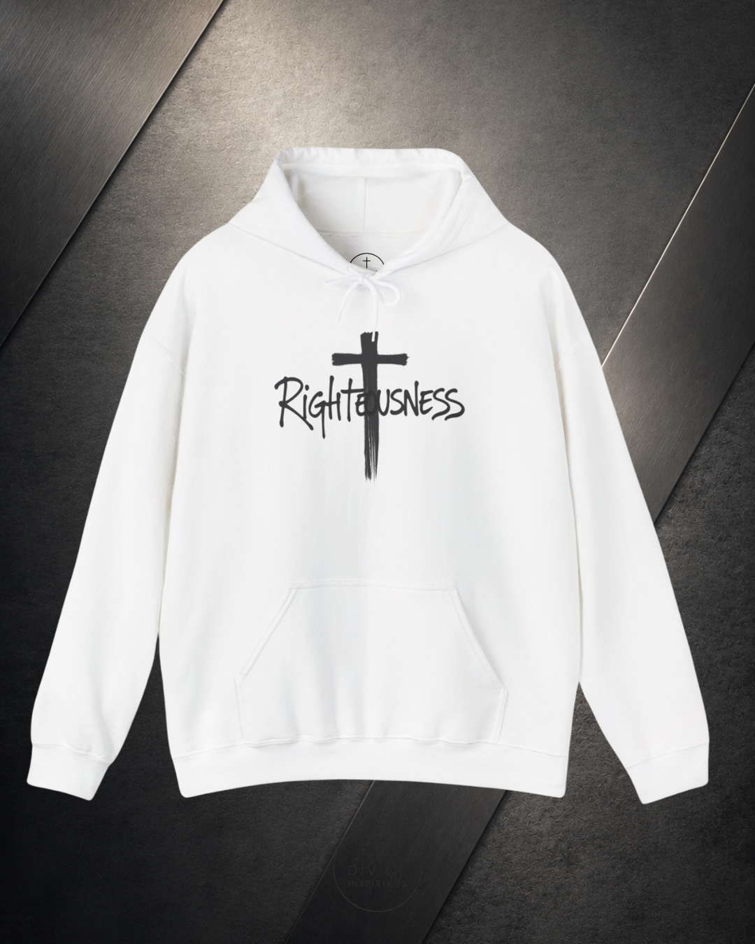 White hoodie with a black cross and 'Righteousness' text on a dark surface