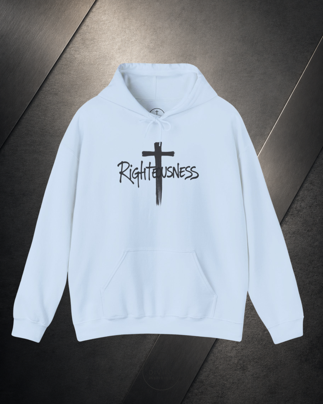 White hoodie with a black cross and 'Righteousness' text on a dark surface