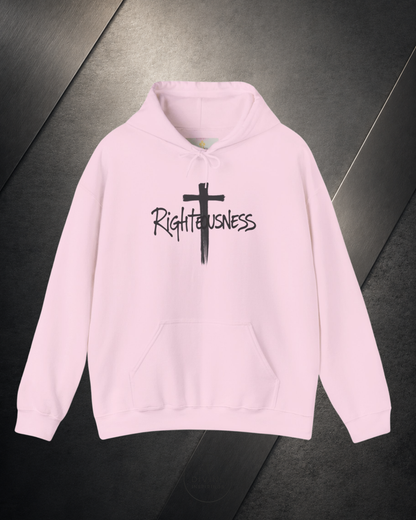 Pink hoodie with a black cross and 'Righteousness' text on a dark surface