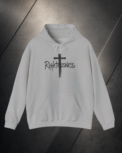 Gray hoodie with a black cross and 'Righteousness' text on a dark surface