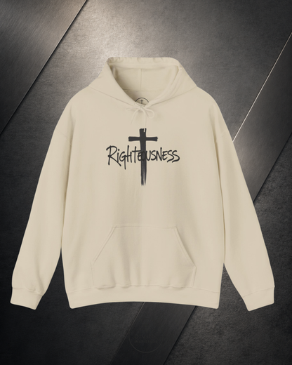 Beige hoodie with a cross and 'Righteousness' text on a dark surface