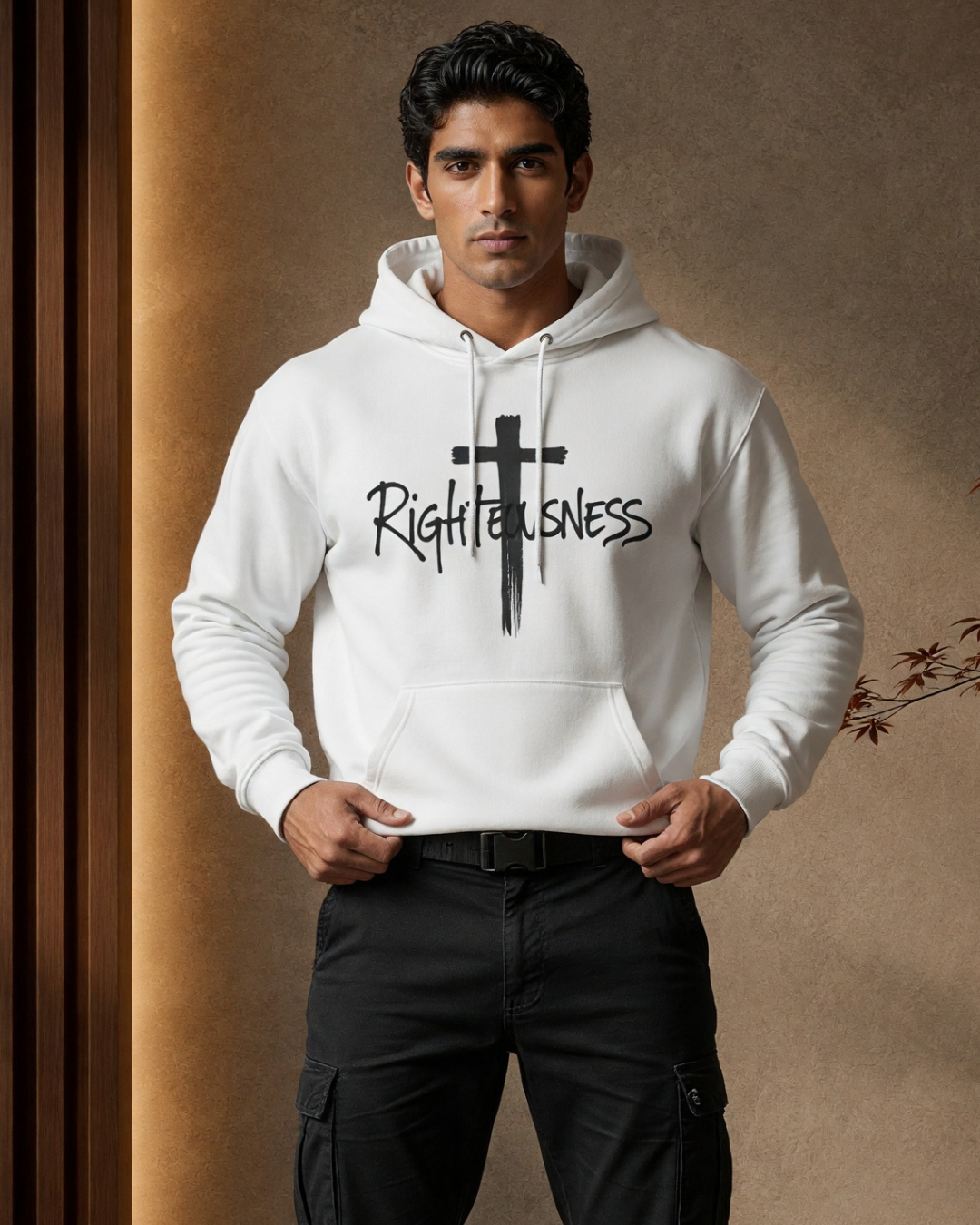 Man wearing a white hoodie with 'Righteousness' text and cross graphic against a brown background