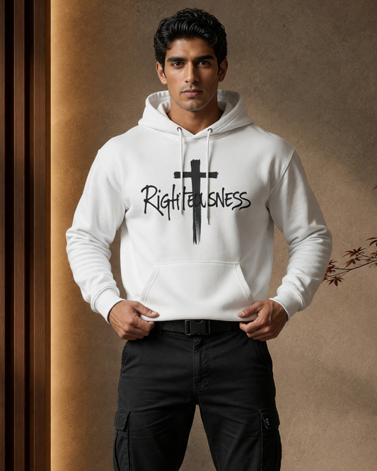 Man wearing a white hoodie with 'Righteousness' text and cross graphic against a brown background