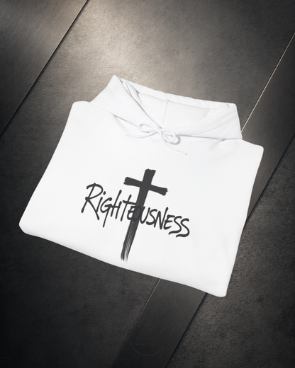 White hoodie with a cross and 'Righteousness' text on a dark surface