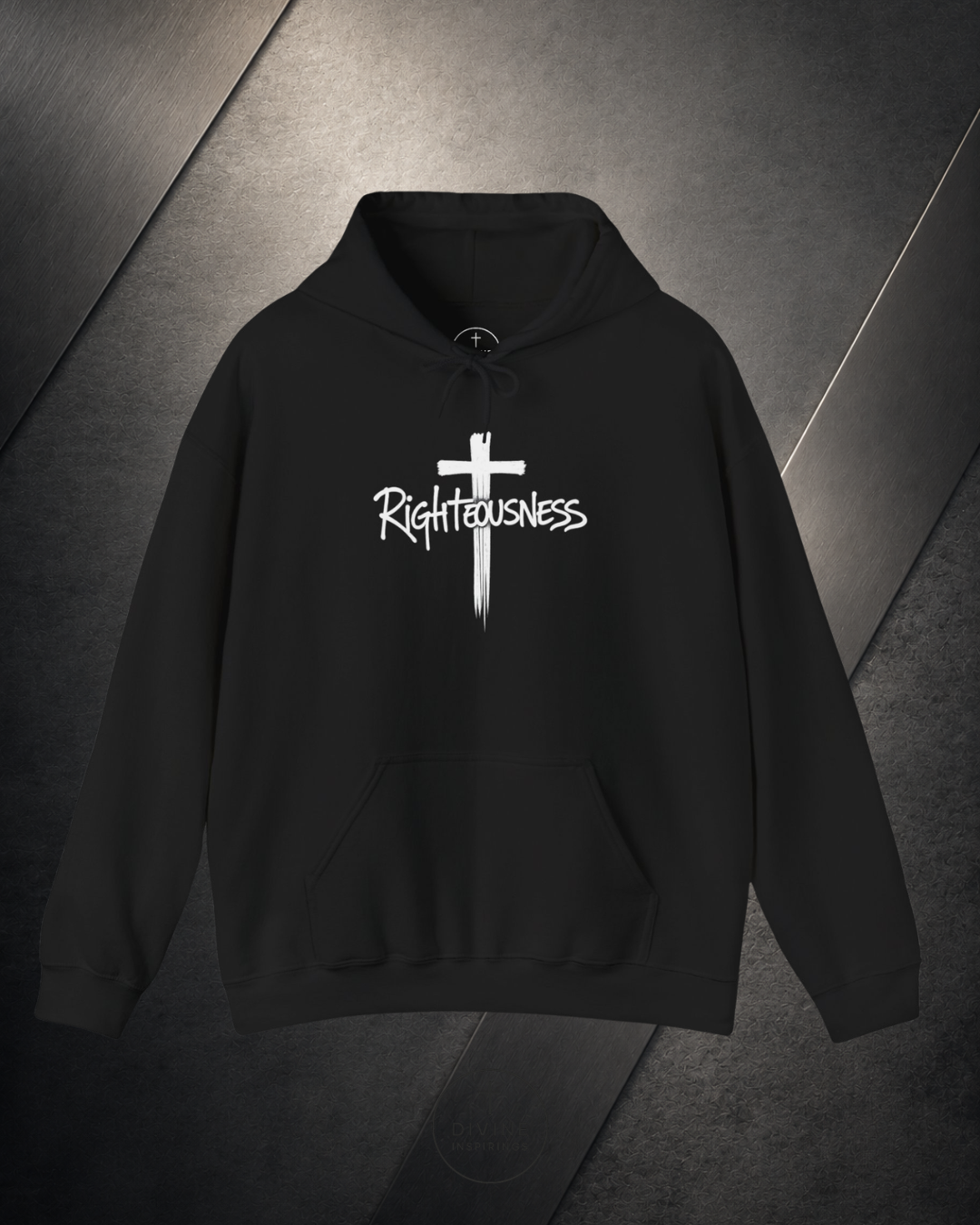 Black hoodie with 'Righteousness' text and cross design on a dark background