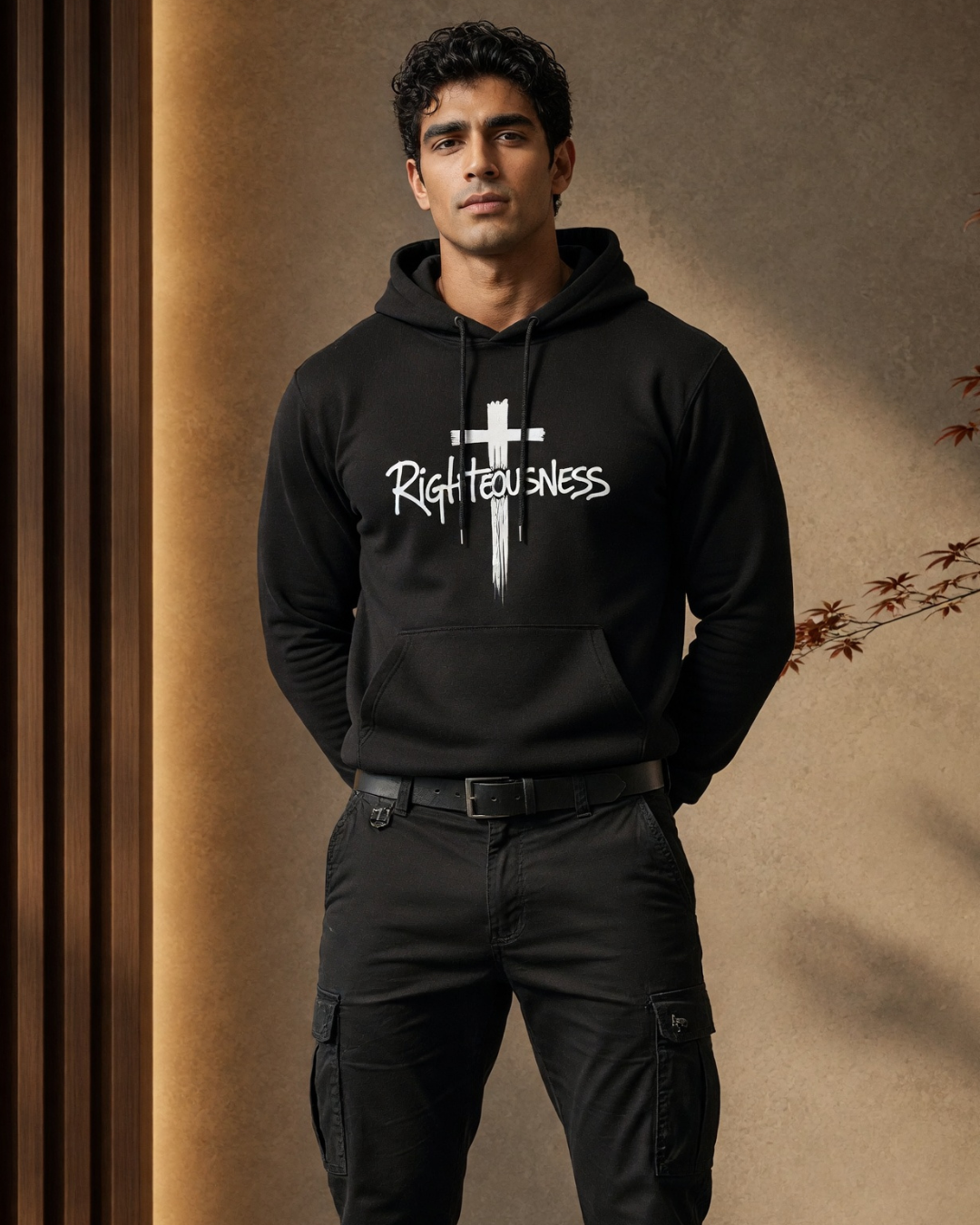 Man wearing a black hoodie with 'Righteousness' design against a brown background