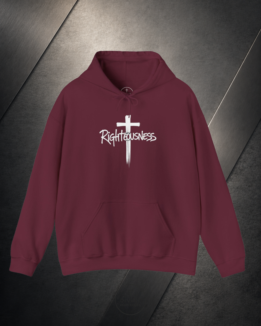 Maroon hoodie with a white cross and 'Righteousness' text on a dark background