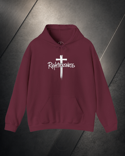 Maroon hoodie with a white cross and 'Righteousness' text on a dark background