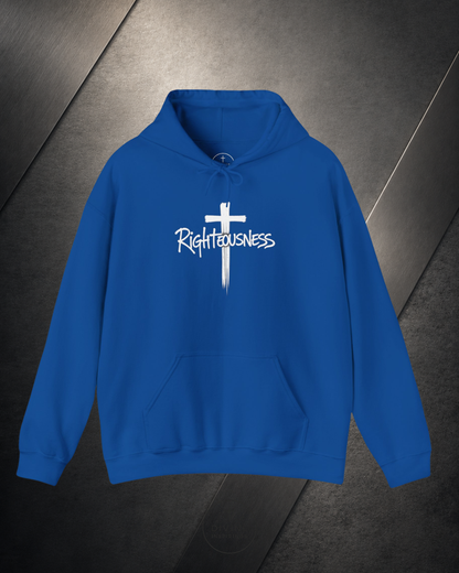 Blue hoodie with 'Righteousness' text and cross symbol on a dark background