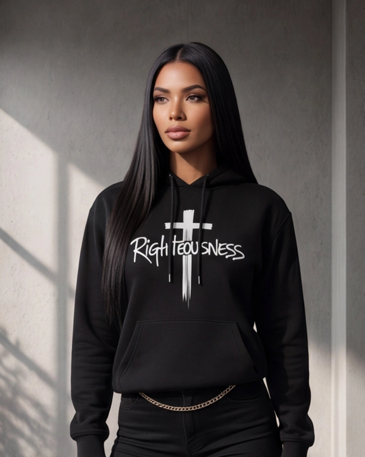Woman wearing a black hoodie with 'Righteousness' text and cross design against a gray background