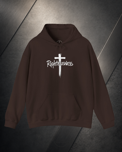 Brown hoodie with a white cross and 'Righteousness' text on a dark gray background