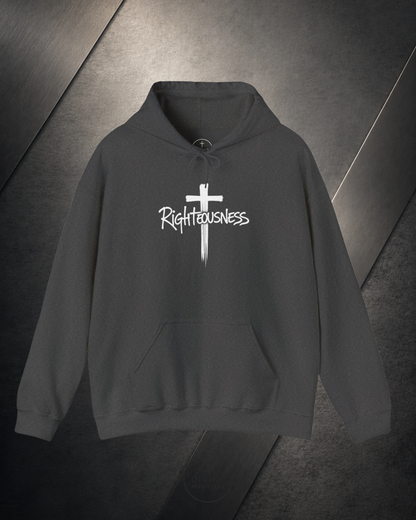 Dark gray hoodie with 'Righteousness' text and cross design on a dark background