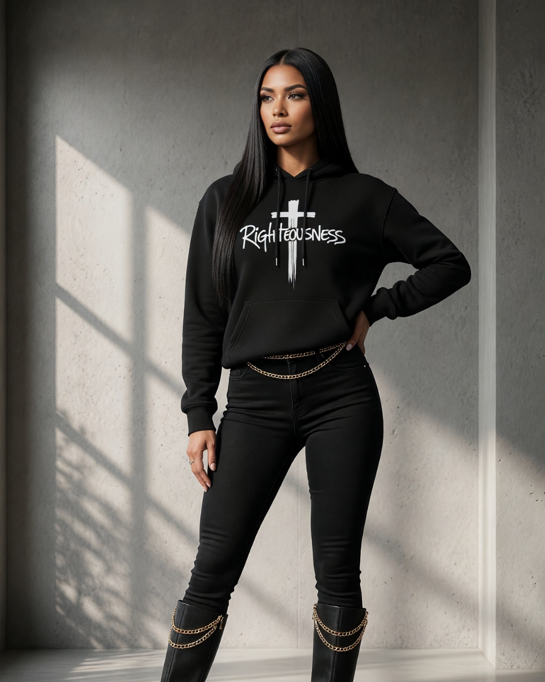 Person wearing a black hoodie with 'Righteousness' text and cross symbol, standing against a gray wall.