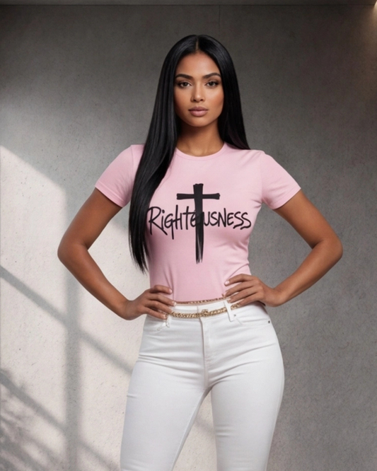 Woman wearing a pink t-shirt with 'Righteousness' text and cross graphic against a gray background