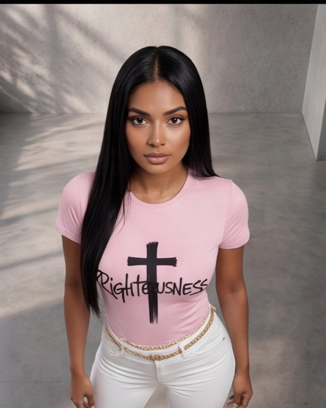 Woman wearing a pink t-shirt with a black cross and 'Righteousness' text against a neutral background