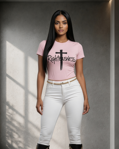 Woman wearing a pink t-shirt with 'Righteousness' text and cross graphic, standing against a gray wall.