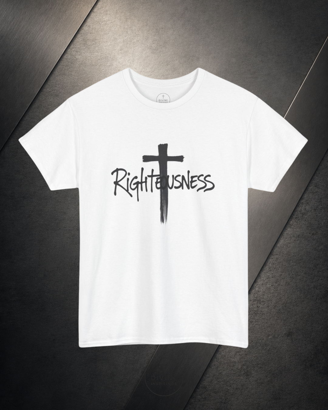 White t-shirt with a black cross and 'Righteousness' text on a dark gray background