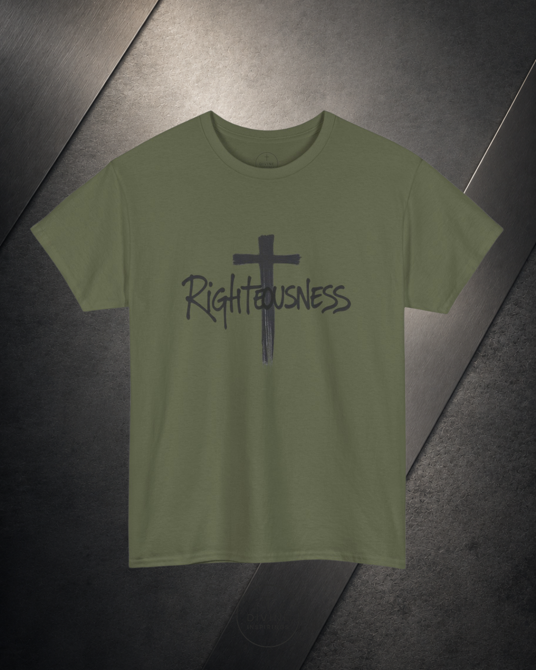 Green t-shirt with a cross and 'Righteousness' text on a metallic surface