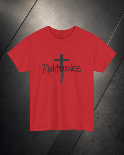Red t-shirt with a black cross and 'Righteousness' text on a dark surface