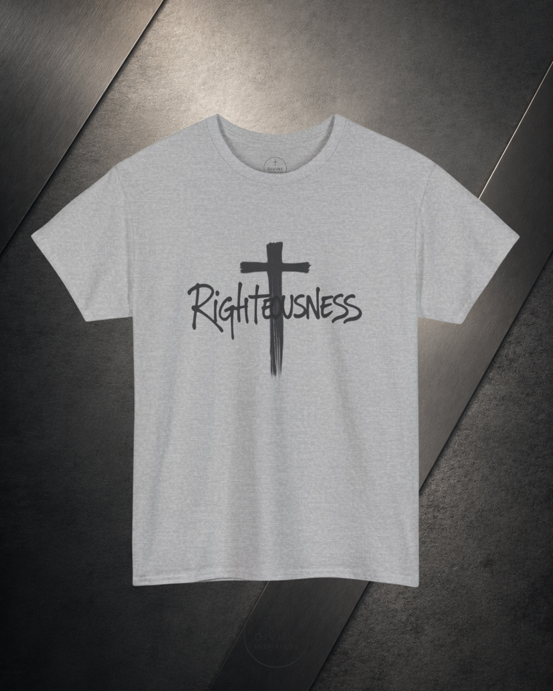 Gray t-shirt with a black cross and 'Righteousness' text on a dark surface