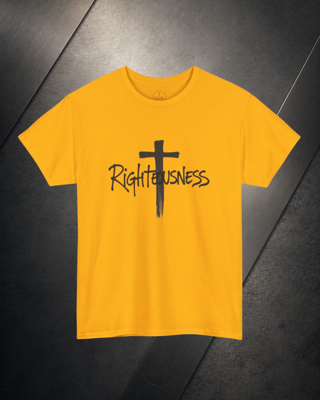 Yellow t-shirt with a black cross and 'Righteousness' text on a dark gray background