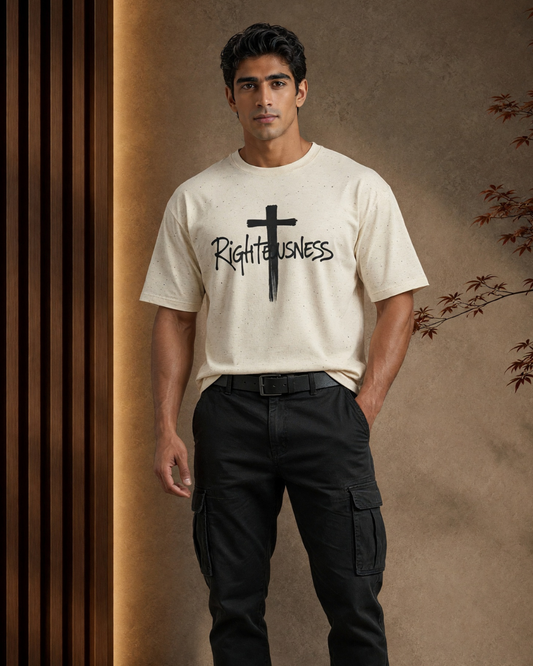 Man wearing a white t-shirt with a cross and 'Righteousness' text against a brown background