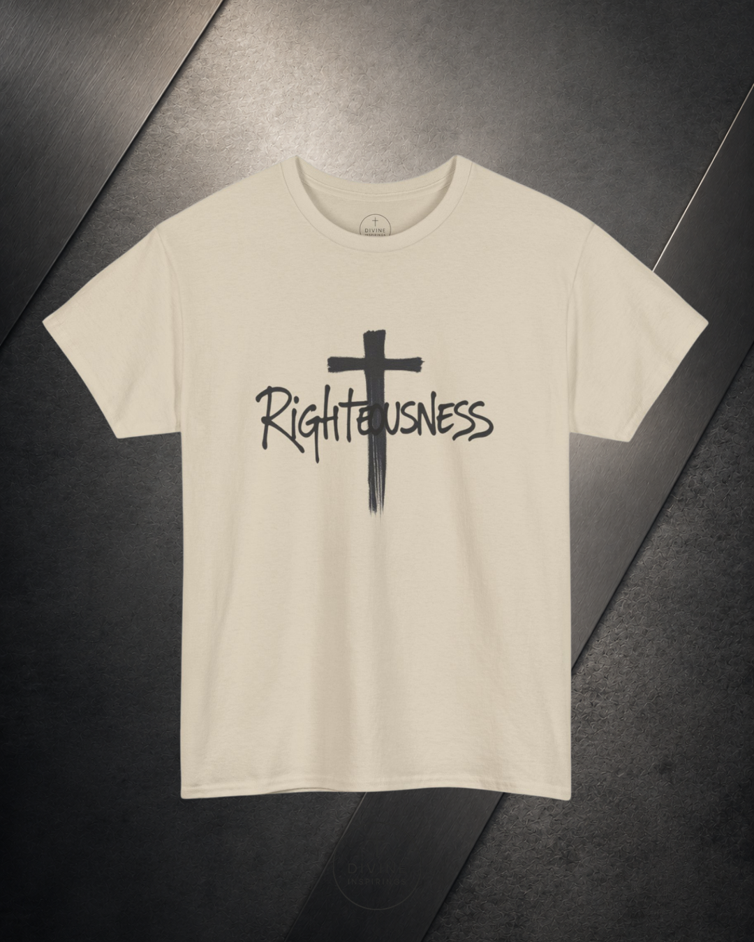 Beige t-shirt with a black cross and 'Righteousness' text on a dark surface