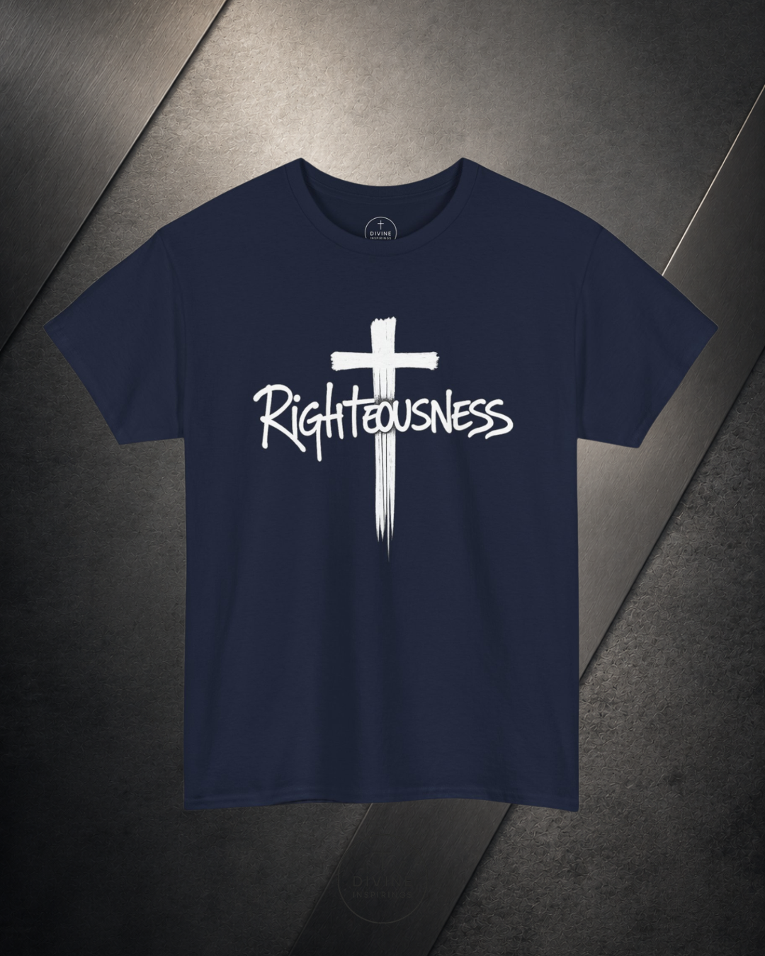 Navy blue t-shirt with a white cross and 'Righteousness' text on a dark textured background