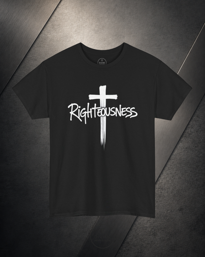 Black t-shirt with a white cross and 'Righteousness' text on a dark textured background