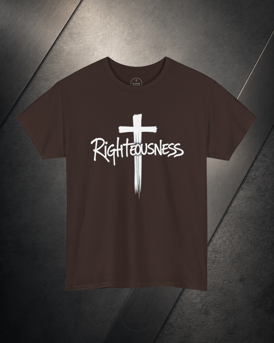 Black t-shirt with a white cross and 'Righteousness' text on a dark textured background