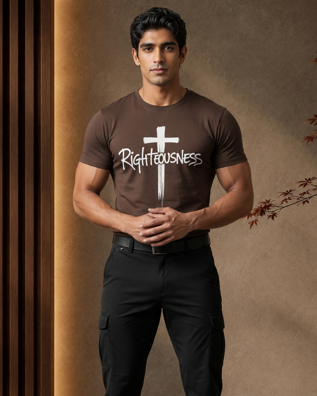 Man wearing a brown t-shirt with a cross and 'Righteousness' text against a brown background
