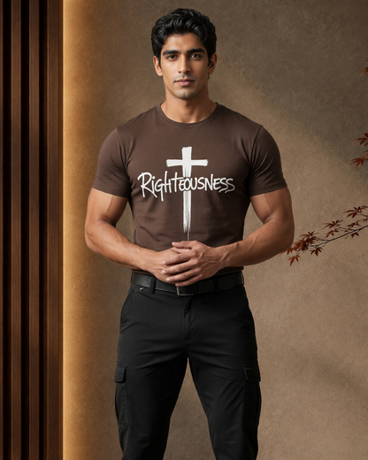 Man wearing a brown t-shirt with a cross and 'Righteousness' text against a brown background